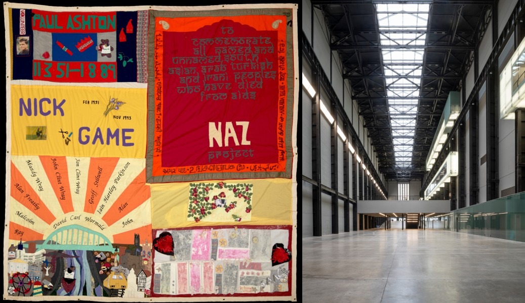 A composite with a pic of the quilt on the left, and a pic of the Turbine Hall on the right, at Tate Modern in London