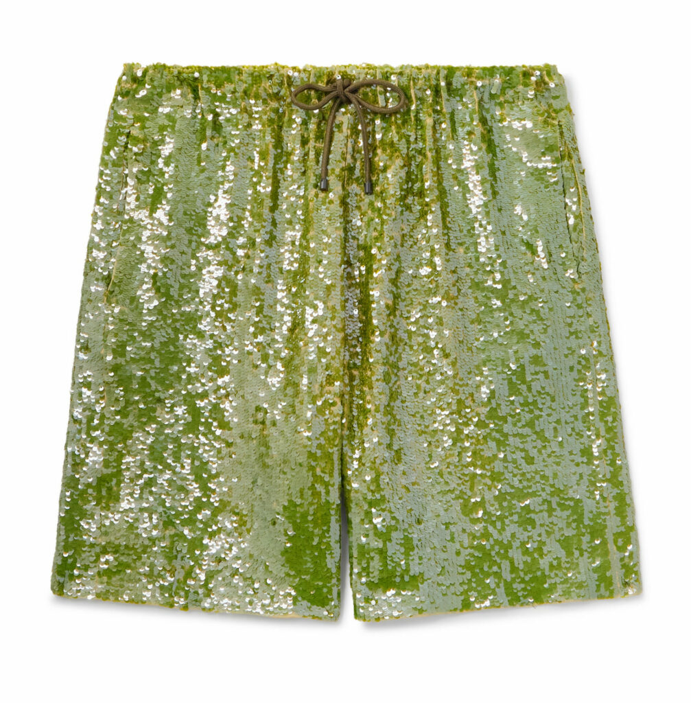 Green sequin-covered shorts with an elasticated waistband and drawstring tie.