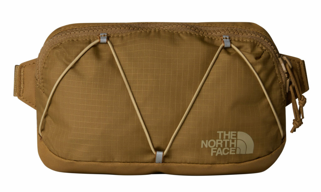 Brown The North Face bum bag with a 1-litre capacity, featuring a front elastic cord detail and zip closure.