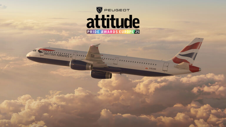A British Airways plane flying through the clouds in front of a PEUGEOT Attitude Pride Awards Europe logo