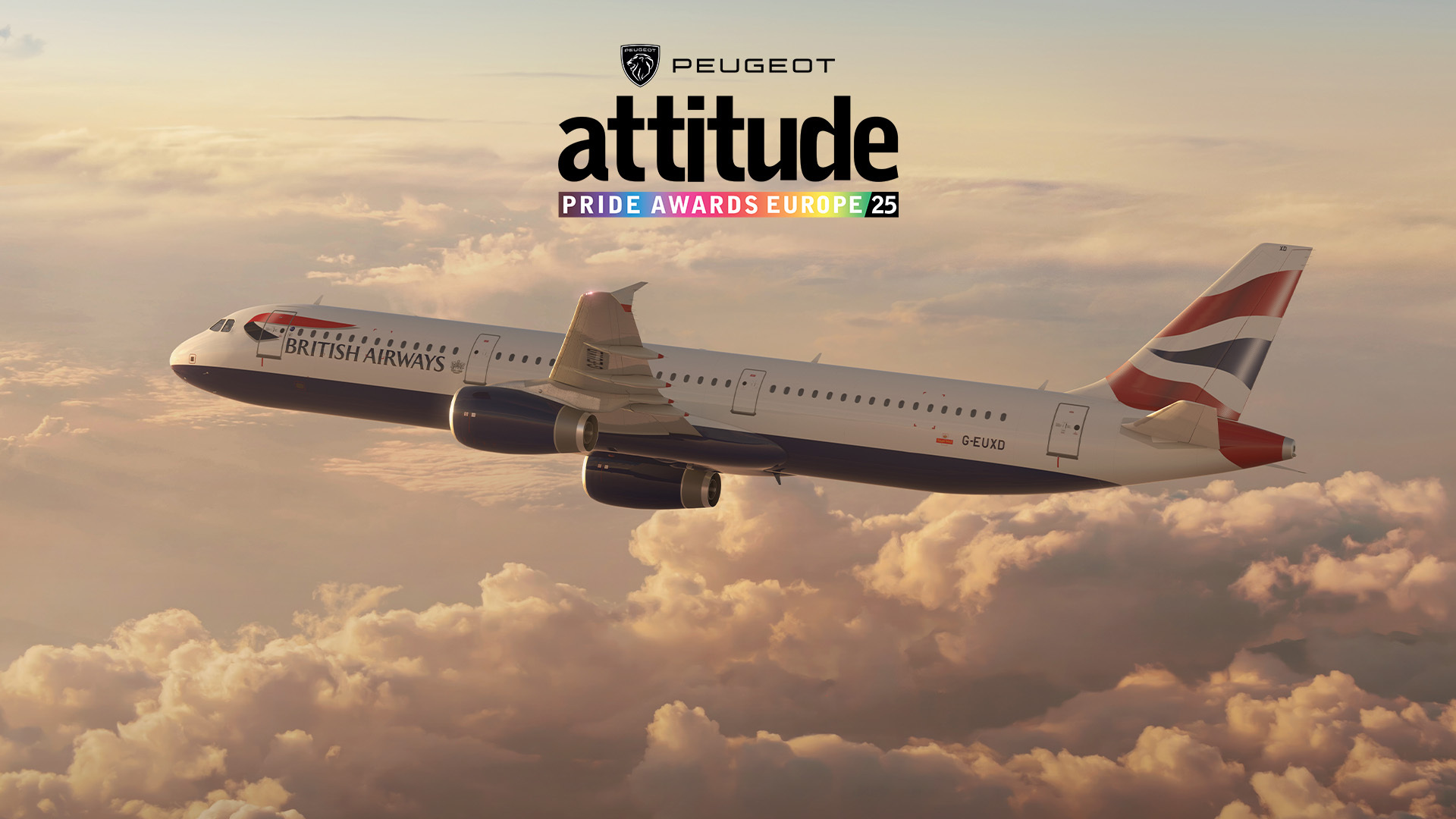 A British Airways plane flying through the clouds in front of a PEUGEOT Attitude Pride Awards Europe logo