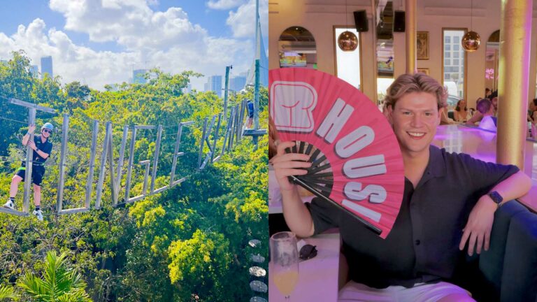 A split image: on the left, a person walking across a rope bridge surrounded by lush greenery and blue sky; on the right, a person sitting indoors holding a large pink fan that says "R HOUSE," smiling at the camera.