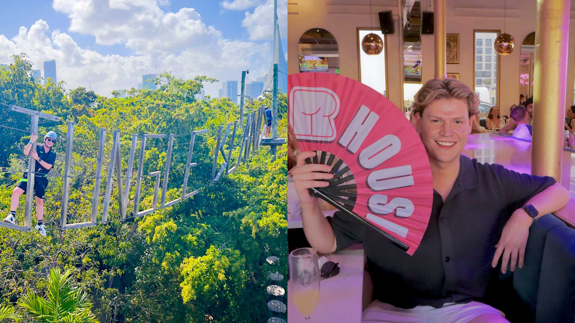 A split image: on the left, a person walking across a rope bridge surrounded by lush greenery and blue sky; on the right, a person sitting indoors holding a large pink fan that says "R HOUSE," smiling at the camera.
