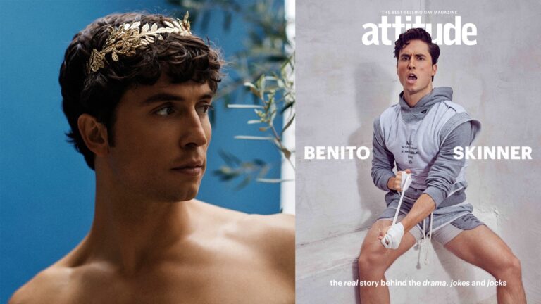 Benito Skinner in a roman crown, and right, on his digital Attitude cover