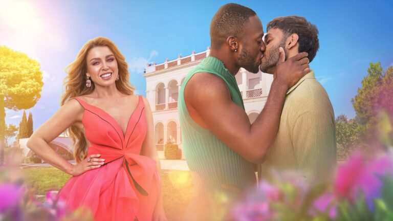 Dannii in a pink dress and two boys kissing