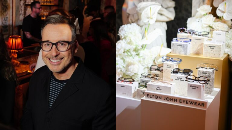 David Furnish in glasses and a dark top smiling, and right, the new collection of eyewear (Images: Jack Hall/PA Media Assignments)