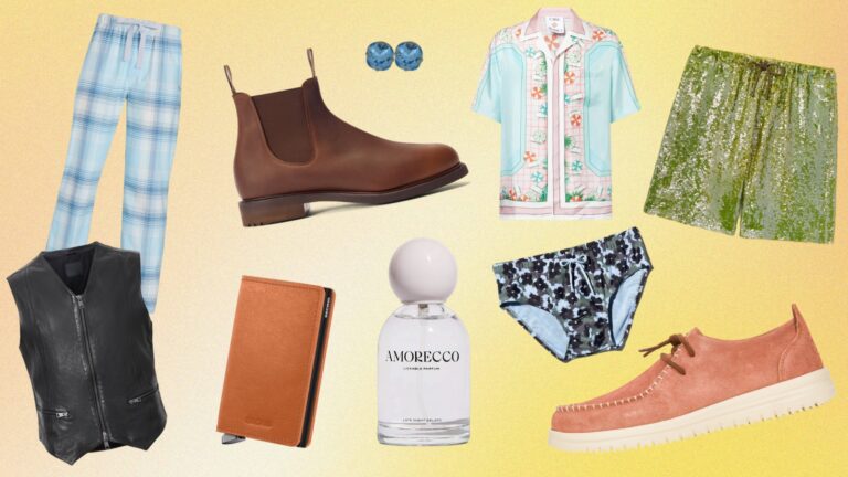 A collection of style products included in Attitude's May style guide. Ranging from printed shorts, swimwear briefs, shoes, perfume and earrings.