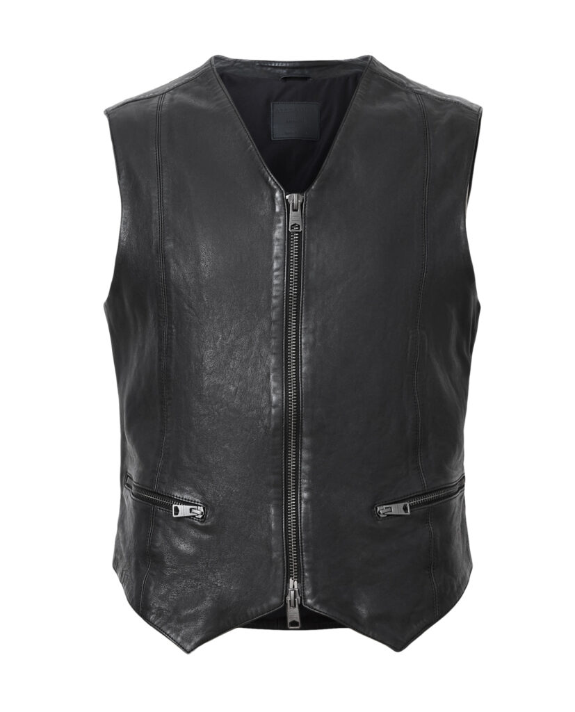 Sleeveless black leather zip-up vest with two front zip pockets and a pointed hem.