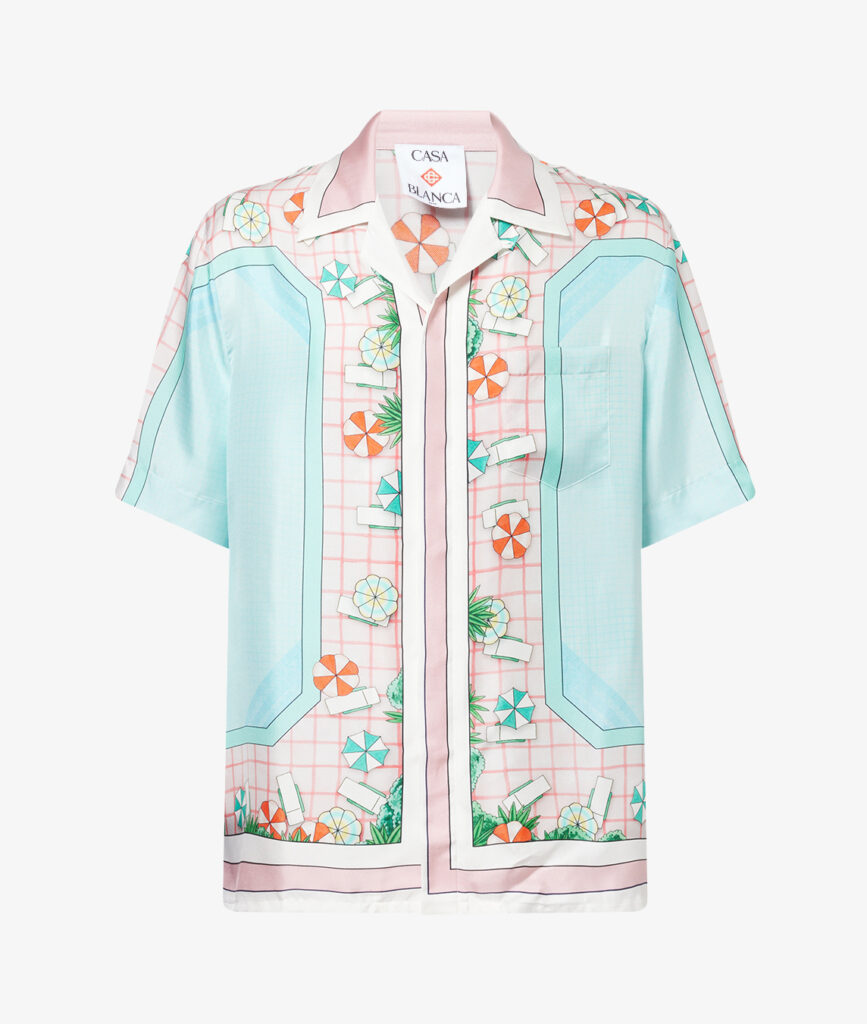 Mens cabana silk shirt with poolside chairs and umbrellas graphic in light blue and light pink