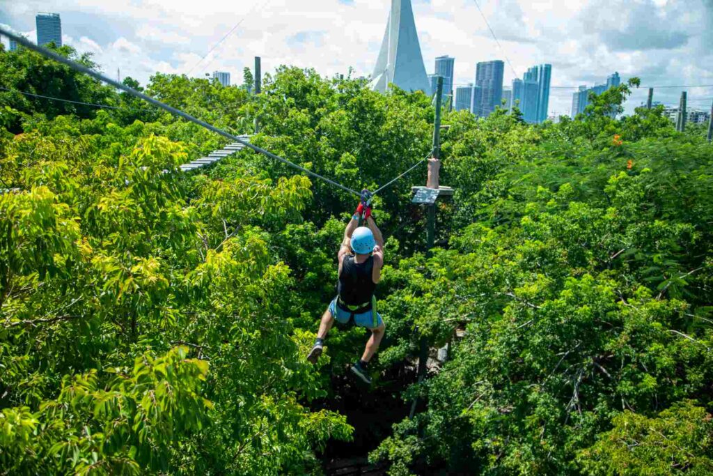 A person travels down a zipline