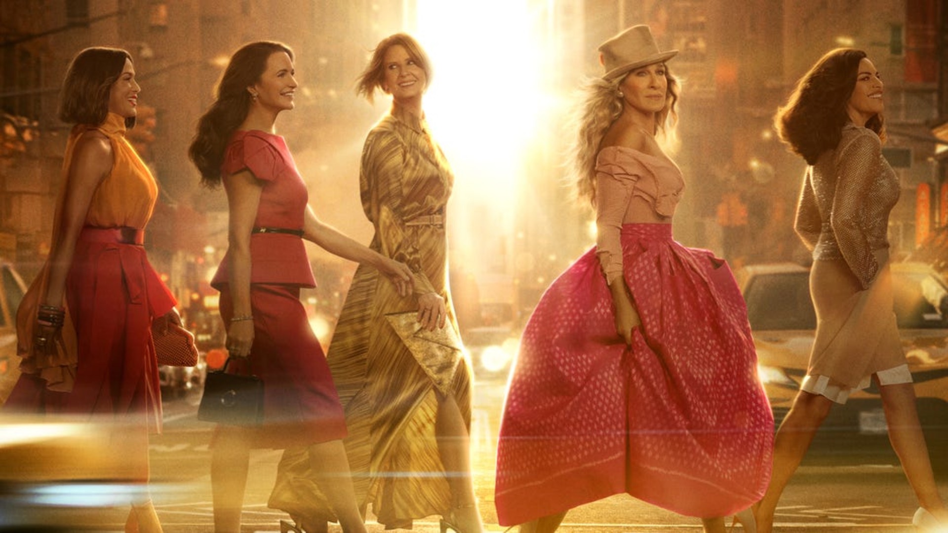 The cast of And Just Like That... walking through New York, and centre, Cynthia Nixon as Miranda (Image: Now)