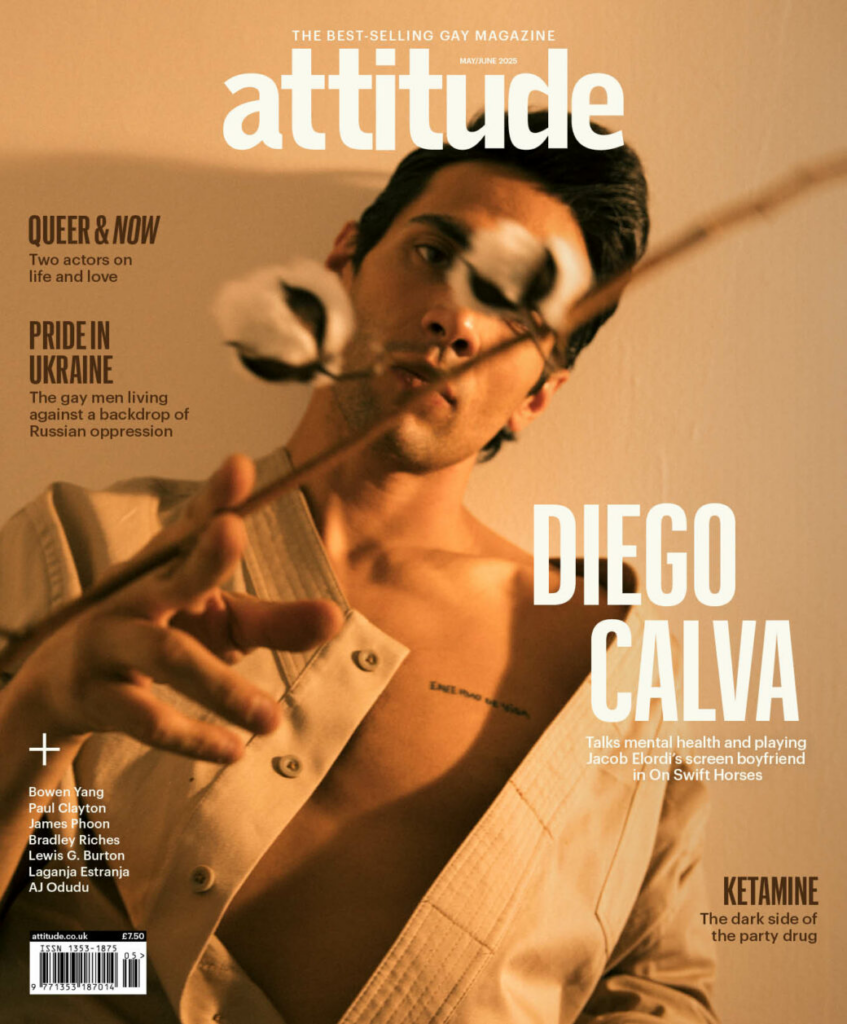 Cover of Attitude magazine's May/June 2025 issue featuring Diego Calva in a beige robe, holding a blurred cotton stem towards the camera. 