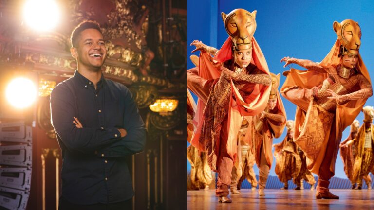 The interviewee, and on the right, two cast members dancing on stage in lion costumes