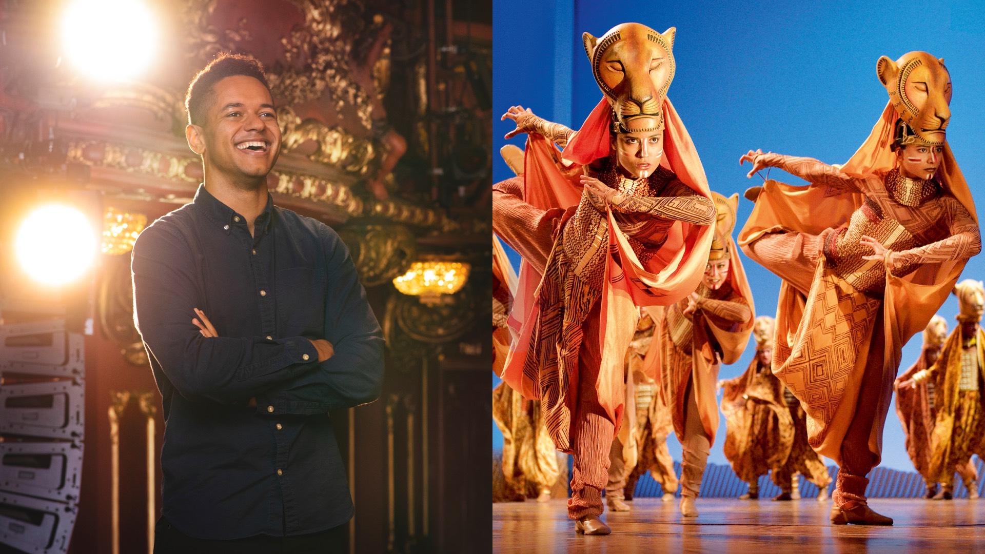 The interviewee, and on the right, two cast members dancing on stage in lion costumes