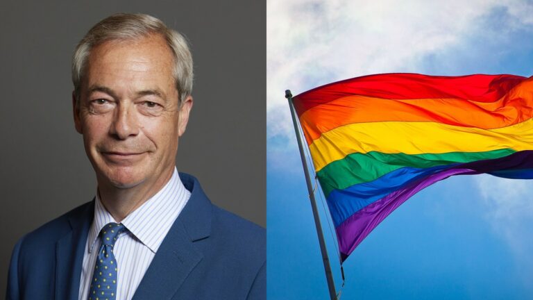Reform UK leader Nigel Farage, and the LGBTQ Pride flag