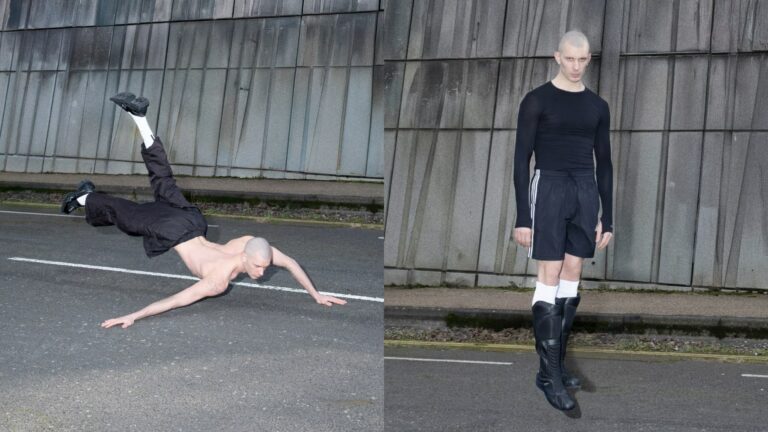 the artist topless dancing low on a road, and right, standing dressed in black; Lewis Walker, Bornsick, 2025. Co-commissioned by Serpentine and EAF (Edinburgh Art Festival). (Images: YISKID/courtesy the artist, Serpentine and EAF)