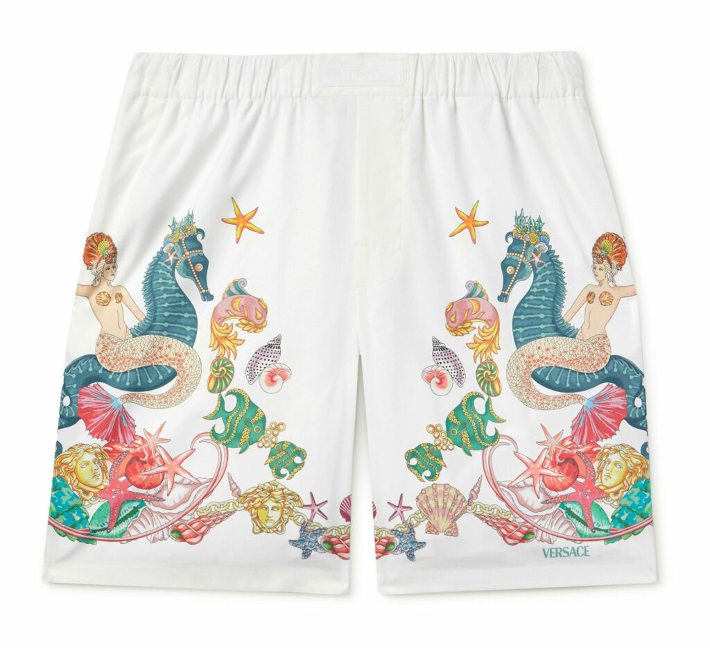 Versace white shorts with mermaid, seahorses and shell multi colour print