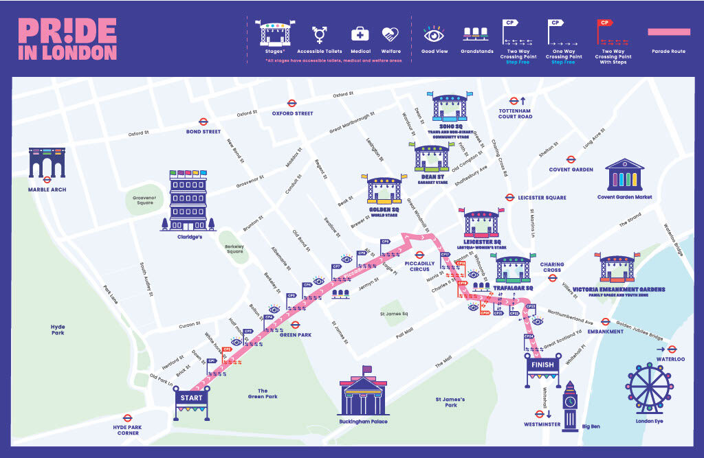 A map of the 2025 Pride in London parade route