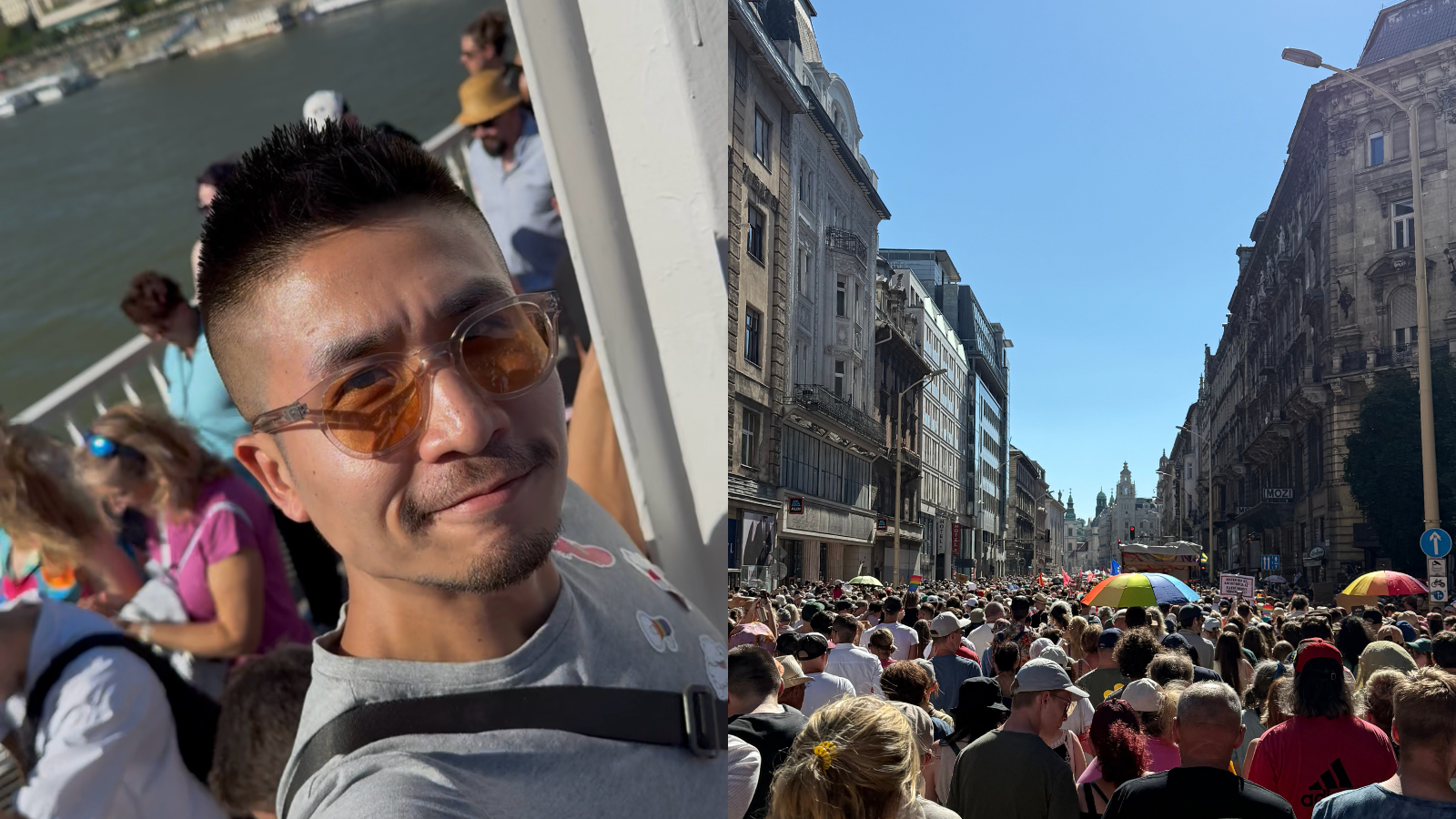 on the left Jaron Soh wearing sunglasses, on the right a crowd of people marching at Budapest Pride