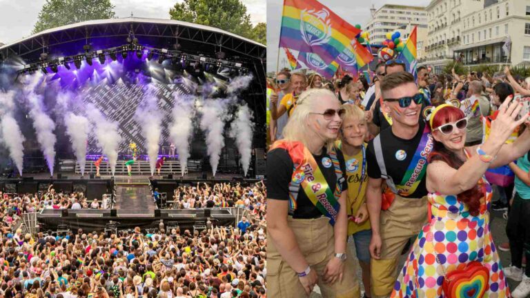 A split image showing a large crowd at an outdoor concert stage with smoke effects on the left, and smiling people in colourful outfits waving Pride flags at a street celebration on the right.