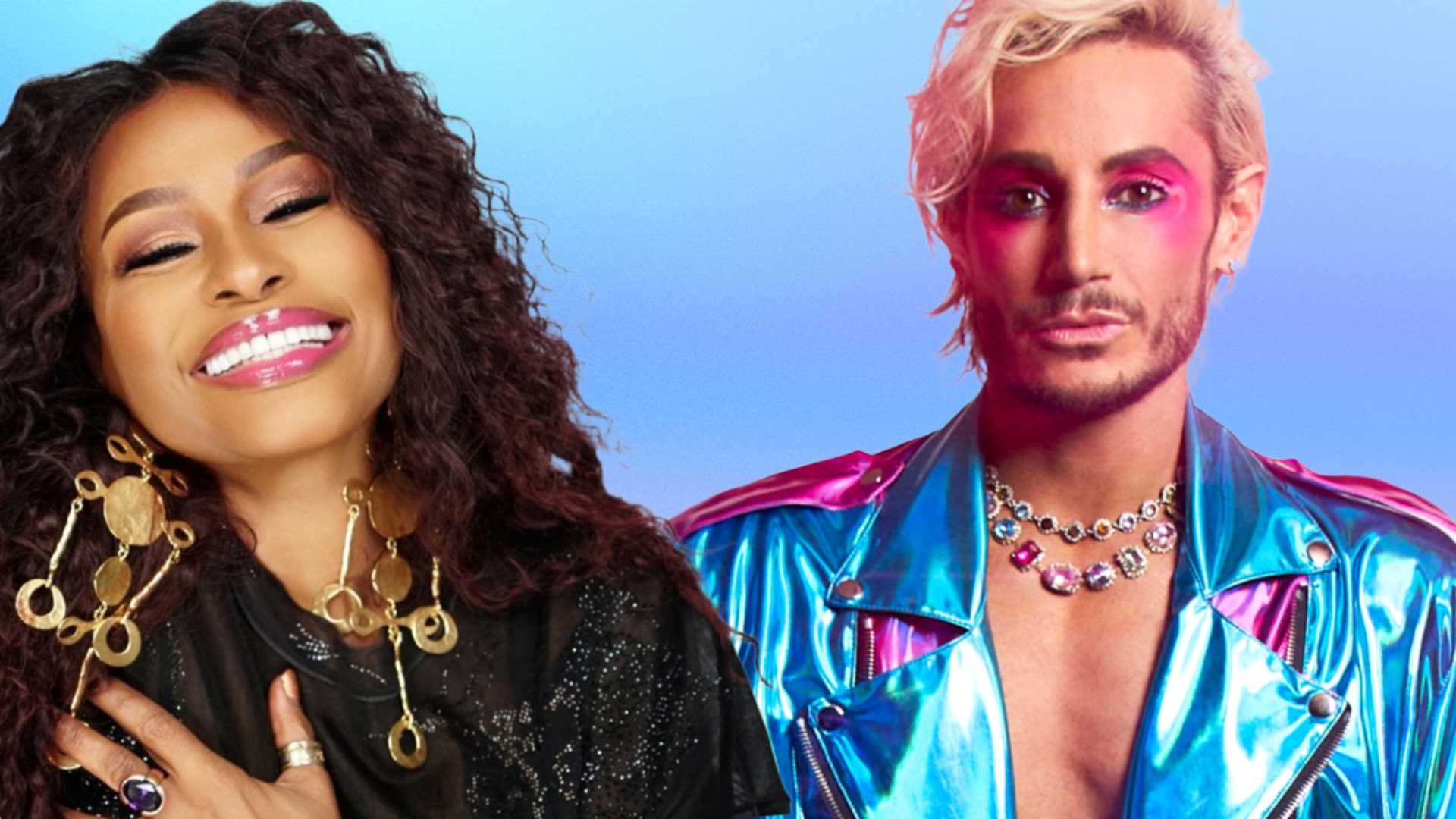 Composite of Chaka Khan and Frankie Grande over a purple backdrop