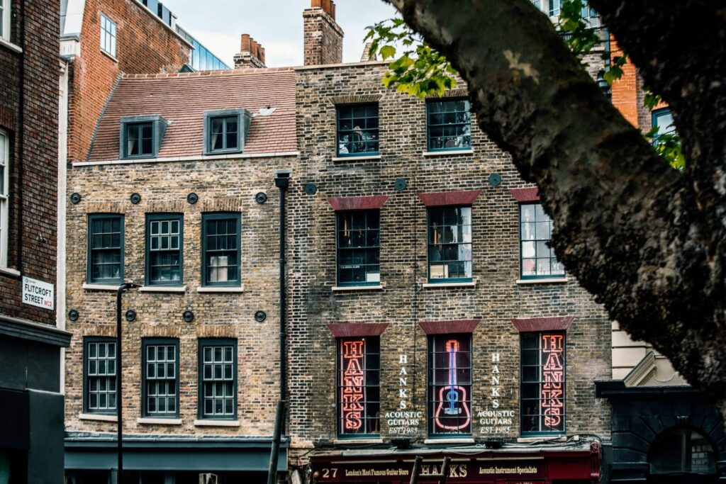 the exteriors of buildings on Denmark Street