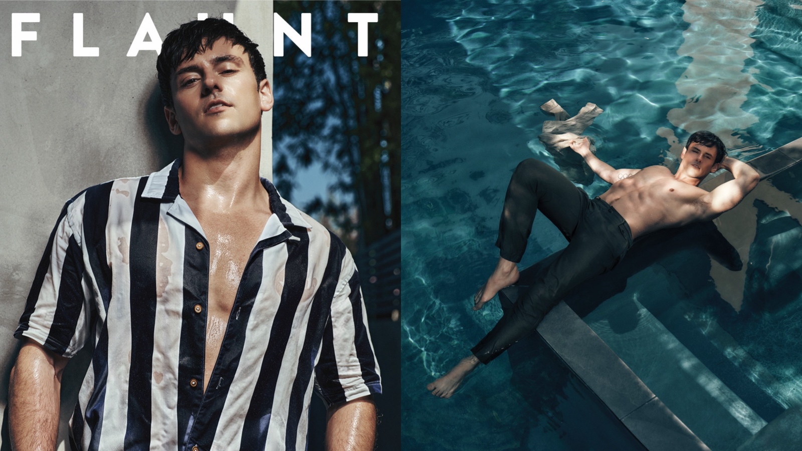 (Left) Tom Daley poses with wet skin in navy and white stripe shirt and khaki trousers. (Right) Tom Daley lies down in topless in pool with smart tailored trousers