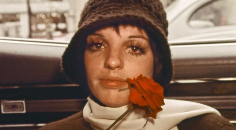 Liza Minnelli in a car wearing a hat with a red rose.