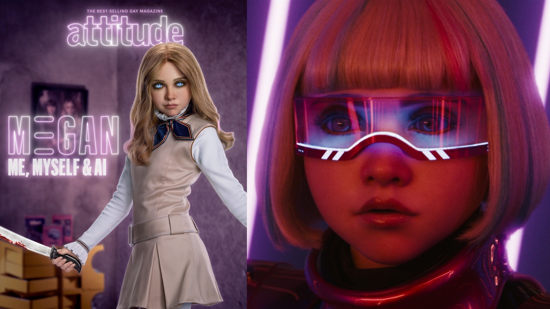 M3GAN on the cover of Attitude, and right, in the upcoming MEGAN 2.0 film