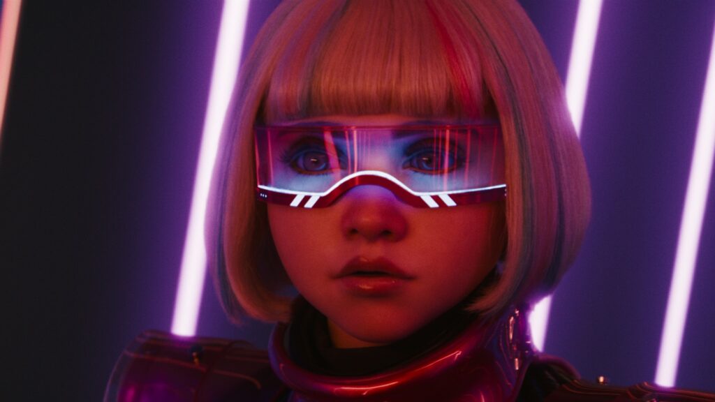 A close up of Megan with pink light and bob haircut