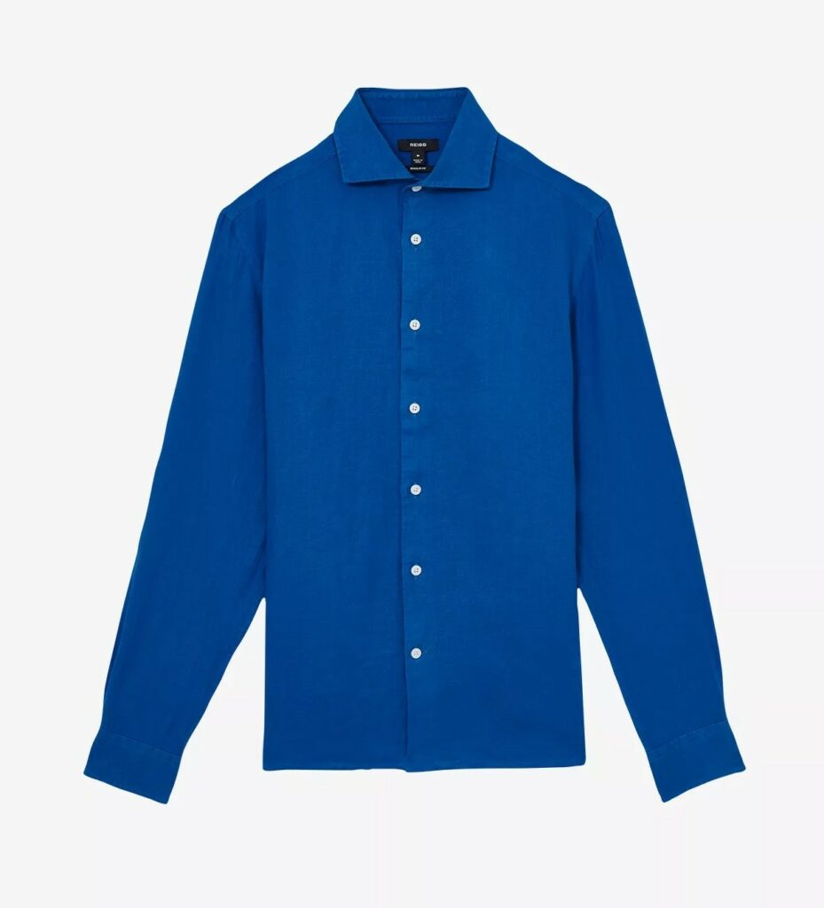 Bright dark blue classic collar linen shirt