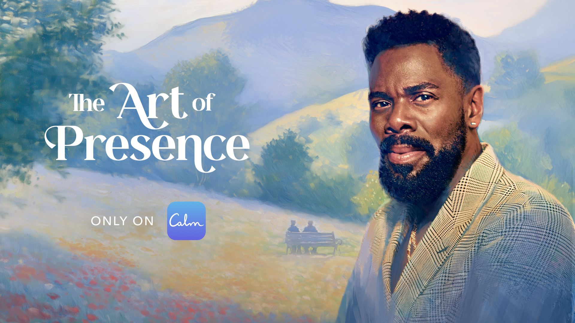 Colman Domingo infront of a field artwork with the title of his new Sleep Story The Art of Presence