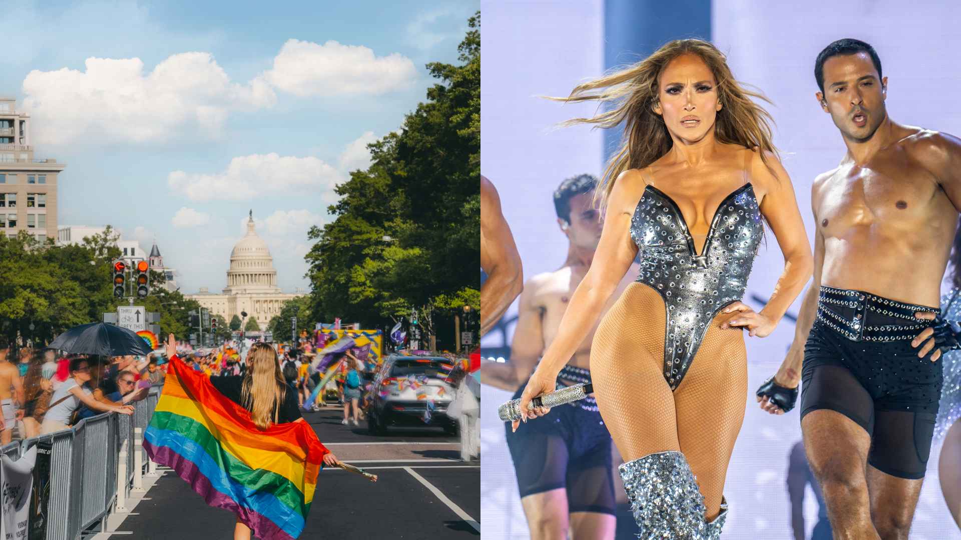 Split image showing a Pride parade with rainbow flags on the left and Jennifer Lopez performing on stage with dancers on the right.