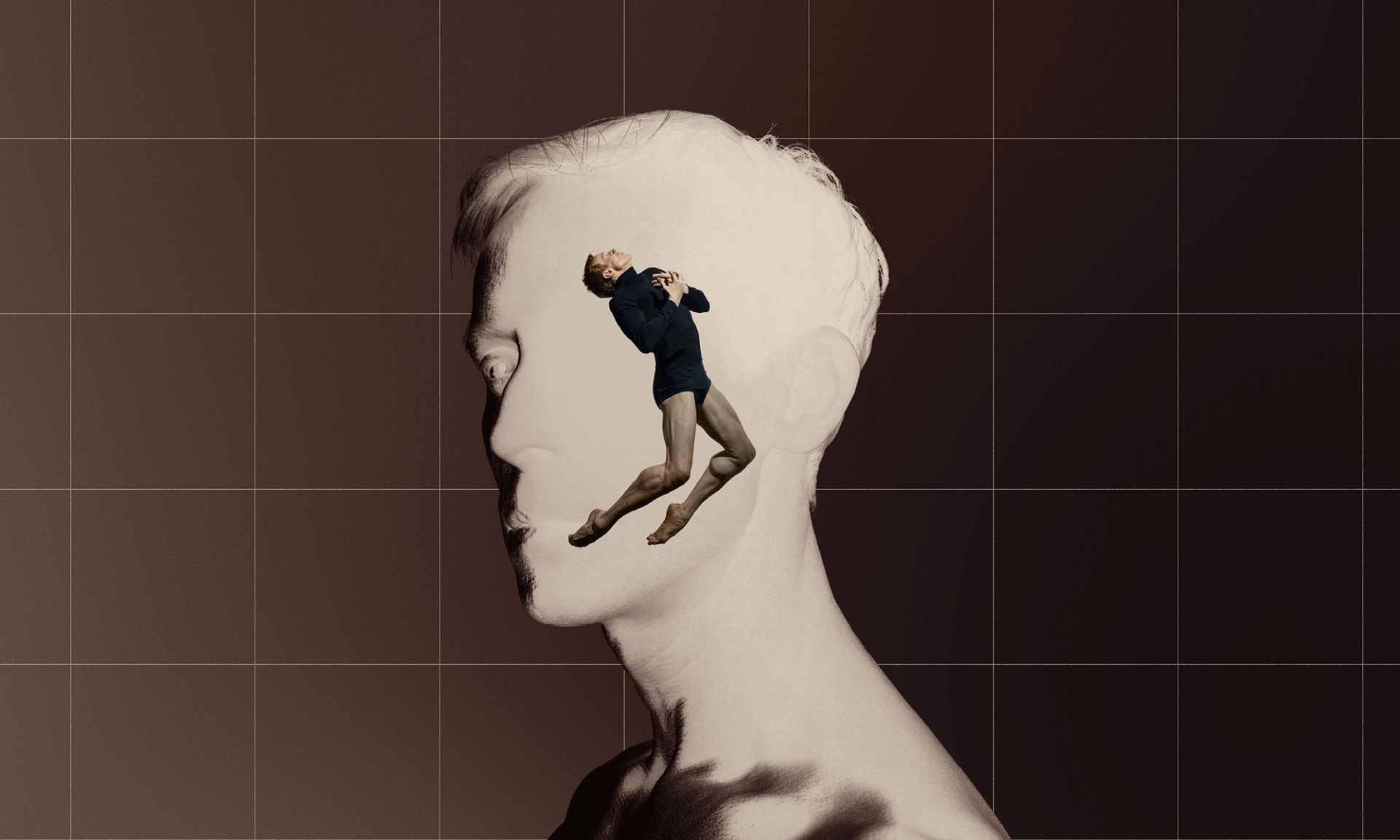 Silhouetted profile of a head with a dancer leaping inside the outline