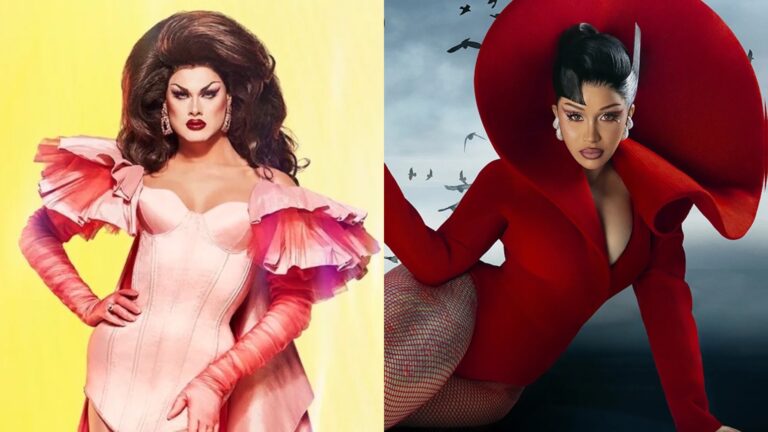 Scarlet Envy in pink corset for RPDR promo shot and Cardi in red on LP cover