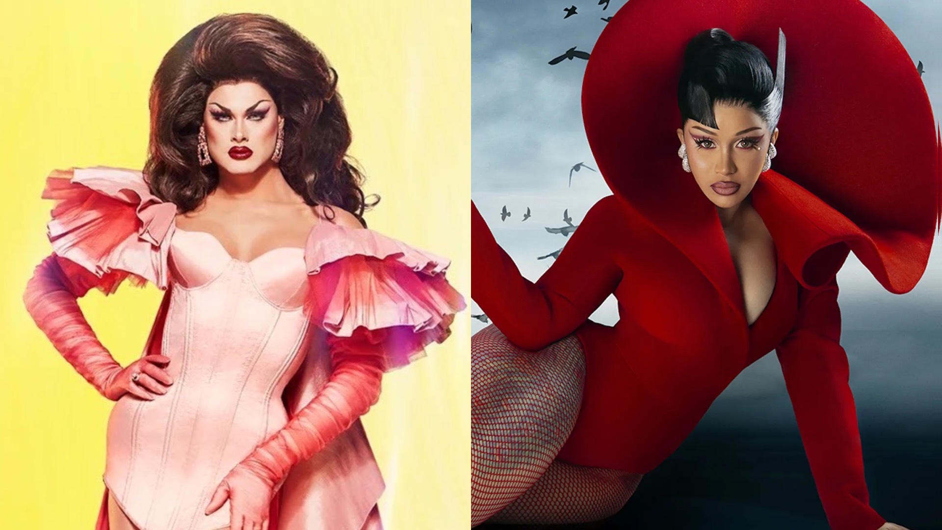 Scarlet Envy in pink corset for RPDR promo shot and Cardi in red on LP cover