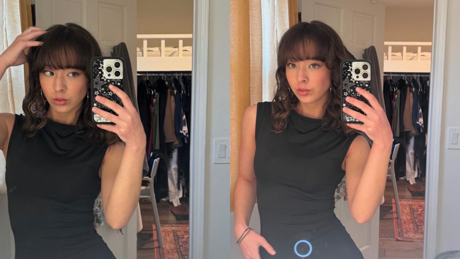 Aubrey Anderson-Emmons in a black dress taking a mirror selfie