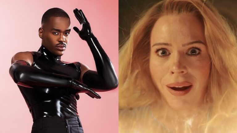 Ncuti Gatwa in black latex in his Attitude cover shoot, and a close up of Billie Piper's face looking amazed