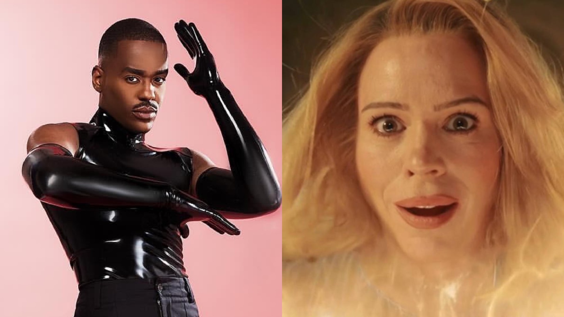 Ncuti Gatwa in black latex in his Attitude cover shoot, and a close up of Billie Piper's face looking amazed