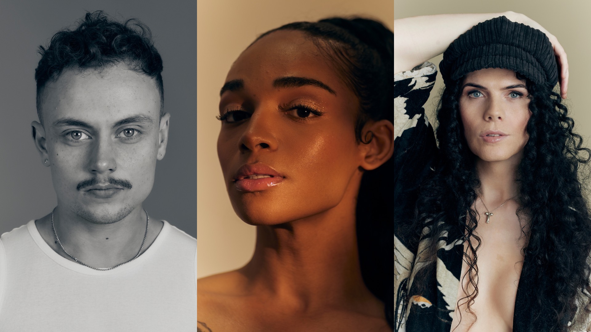 Trans power on screen: head and shoulders shots of Lars Fellows, Alex Thomas-Smith and Jordan Gray (Images: Francisco Gomez de Villaboa)