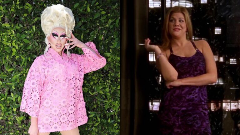 Trixie Mattel in a pink dress, and right, Lexi Featherston from Sex and the City in a triple dress smoking before an open window in a new York City high-rise