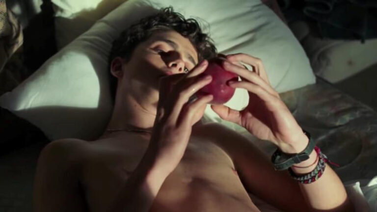 Timothée Chalamet in Call Me By Your Name holding a... peach
