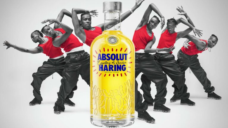 Absolut vodka Haring limited edition bottle centred with dancers cutting shapes in the background representing the line work of Haring's bottle artwork