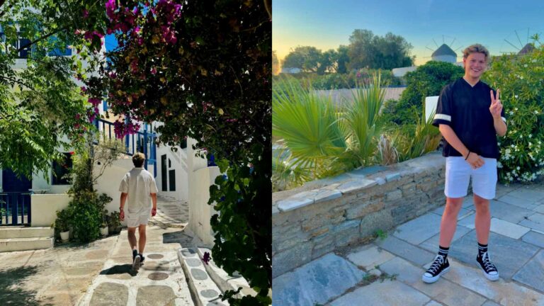 Composite of a man walking an ancient Greek street and of the same man posing in a rural Greek spot