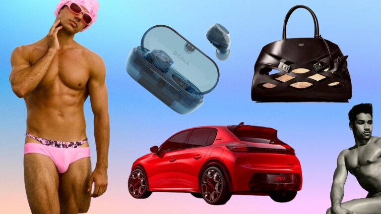 Composite of several images of products against a colourful backdrop
