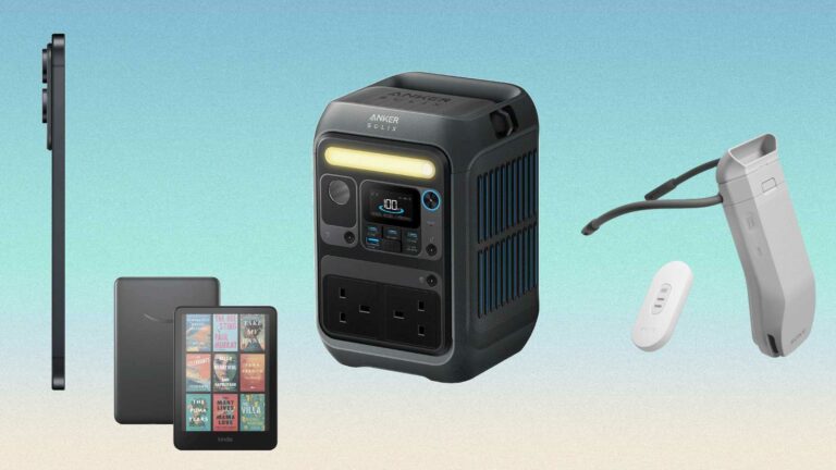 A selection of tech products set on a blue backdrop