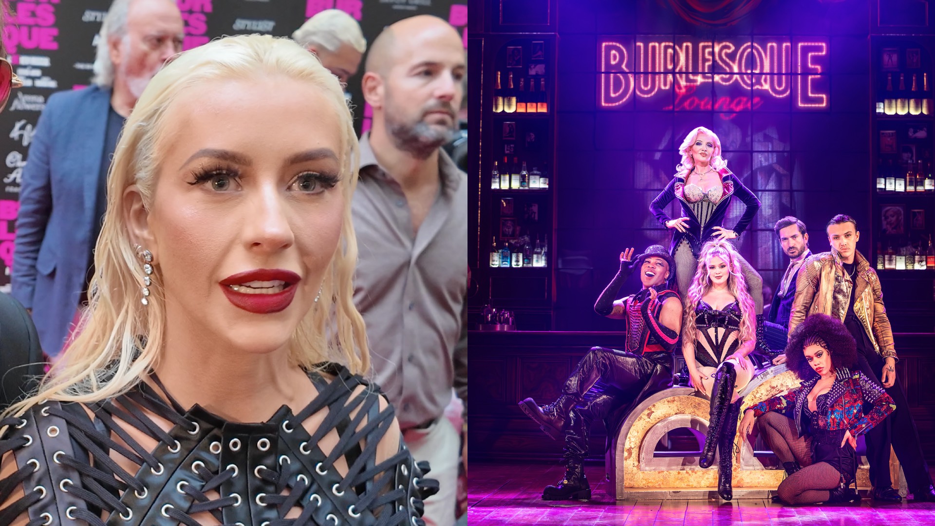 Christina Aguilera speaking to Attitude last night, and right, the cast of Burlesque