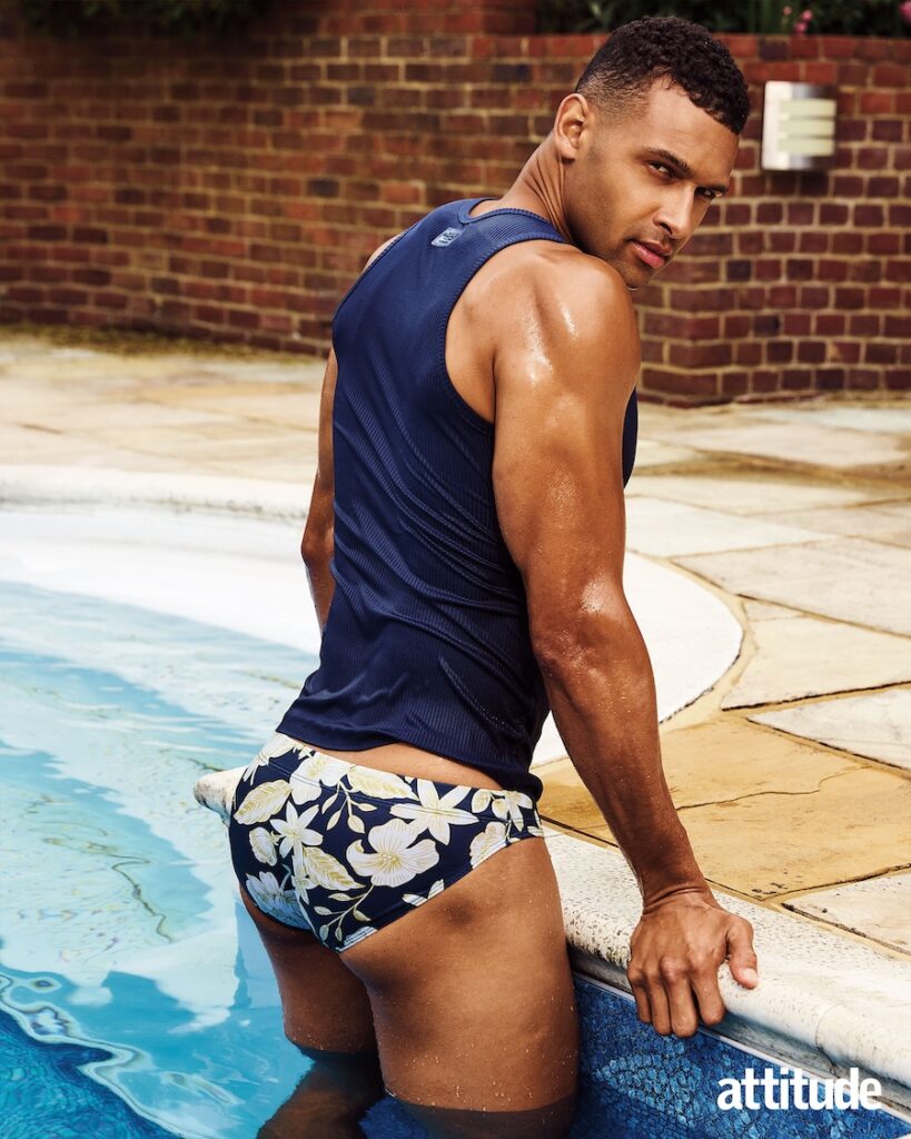 Brandon wears blue
vest and blue and white flowery briefs,
by ES Collection (Image: Attitude/Dean Ryan McDaid)