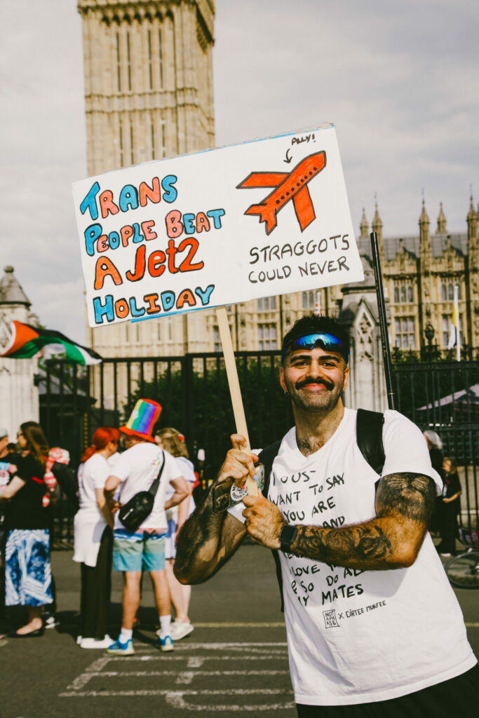 A person holding a “jet 2 holidays” protest sign in front of the Houses of Parliament