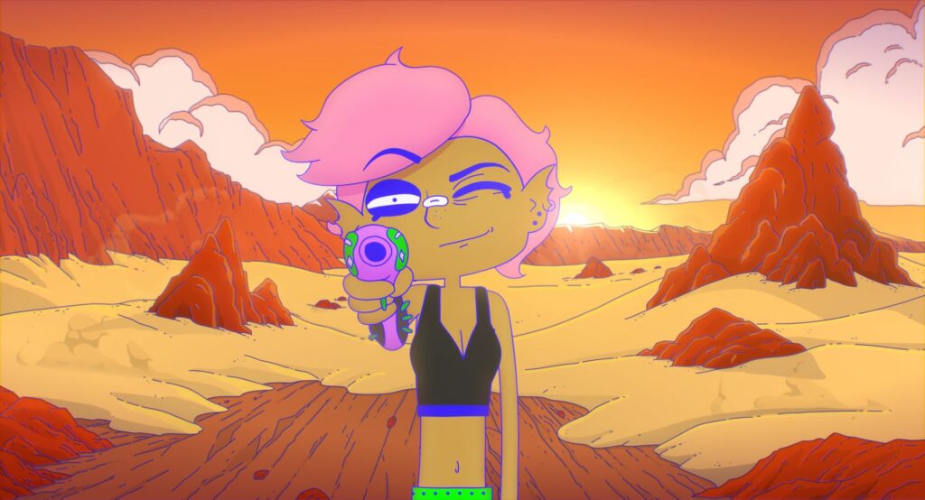 A cartoon scene of a person in space
